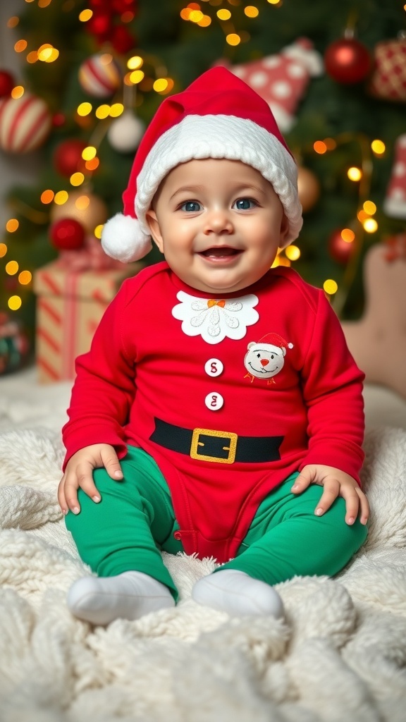 A 3-month-old boy in a Christmas outfit with Santa design, sitting on a blanket with holiday decorations.